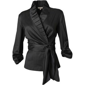 Tadashi Collection Wrap Blouse Women Size‎ 8 Dark Navy New Pleated Satin Top